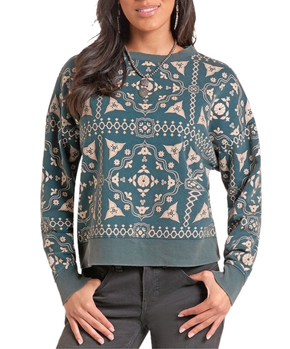 Front view of the women's teal pullover sweater featuring a bandana print