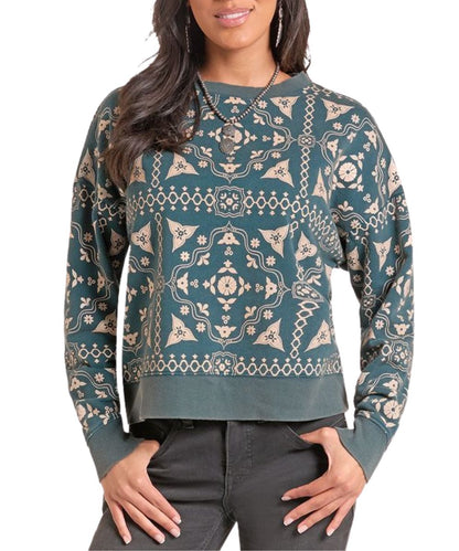 Front view of the women's teal pullover sweater featuring a bandana print