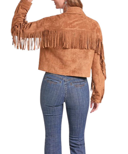 Back view of the women's rust suede jacket featuring the suede detailing on the back and sleeves