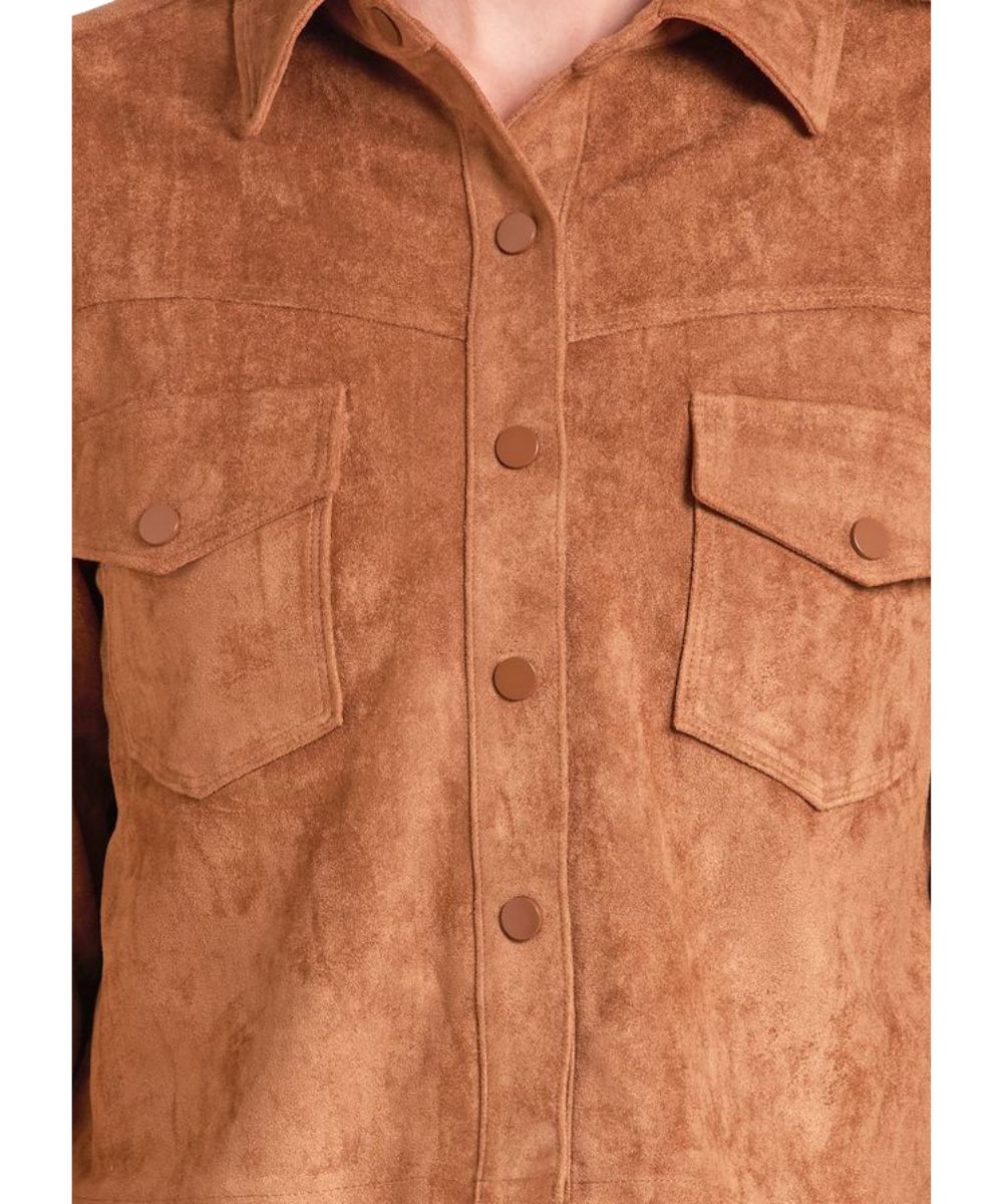 Close-up view of the microsuede fabric on the women's rust jacket