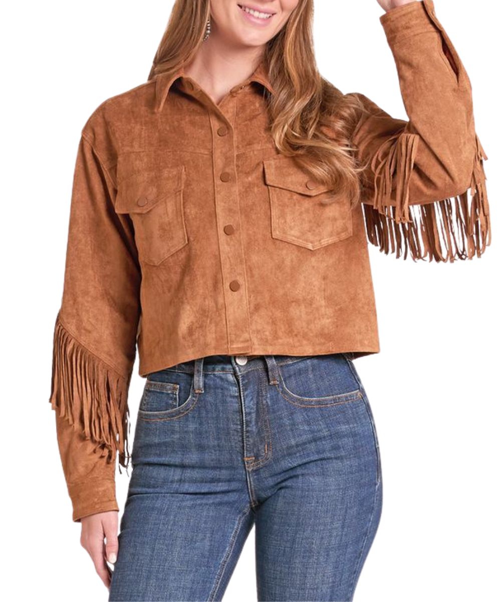 Front view of the women's microsuede rust fringed jacket featuring chest pockets, snap closure, and a cropped length