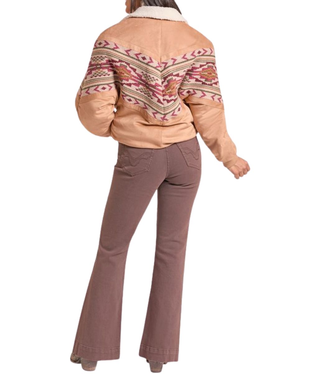Back view of the women's camel Rock & Roll Cowgirl Aztec Border Print Bomber Jacket featuring the elastic waistband and cuffs