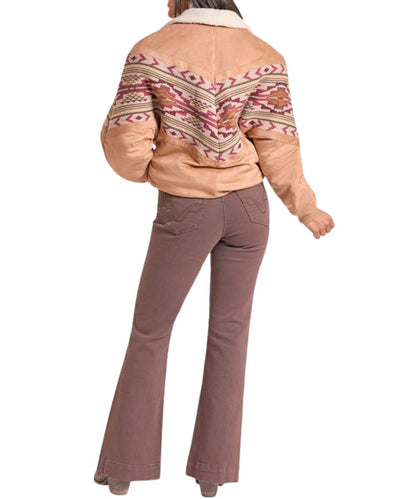 Back view of the women's camel Rock & Roll Cowgirl Aztec Border Print Bomber Jacket featuring the elastic waistband and cuffs