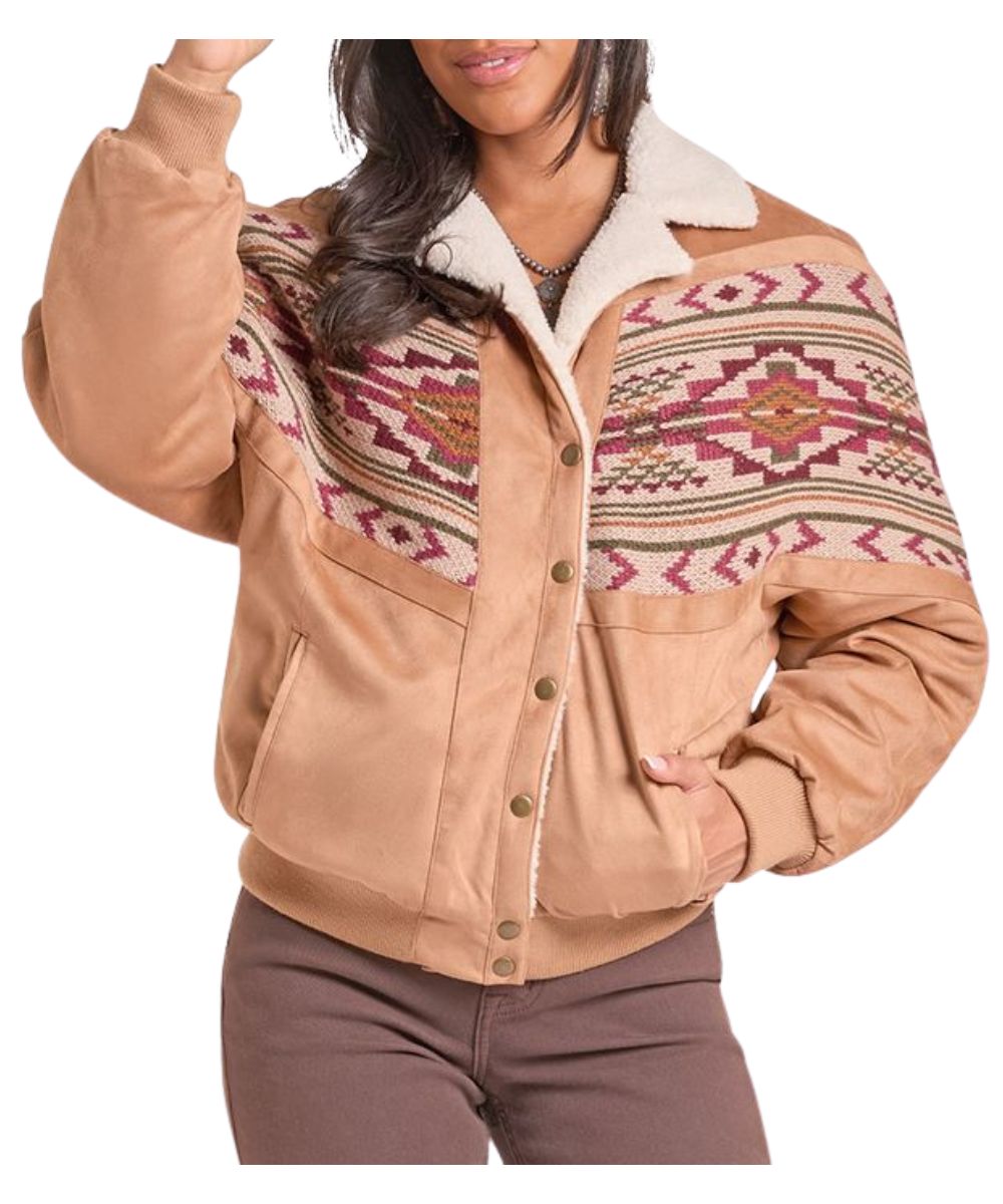 Front view of the women's camel Rock & Roll Cowgirl Aztec Border Print Bomber Jacket featuring the snap front closure and hand pockets