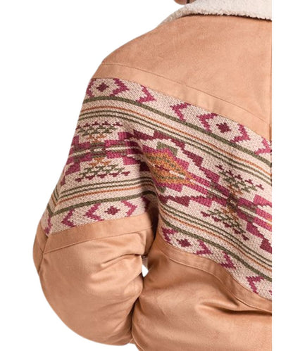 Close-up view of the aztec border print on the women's camel bomber jacket