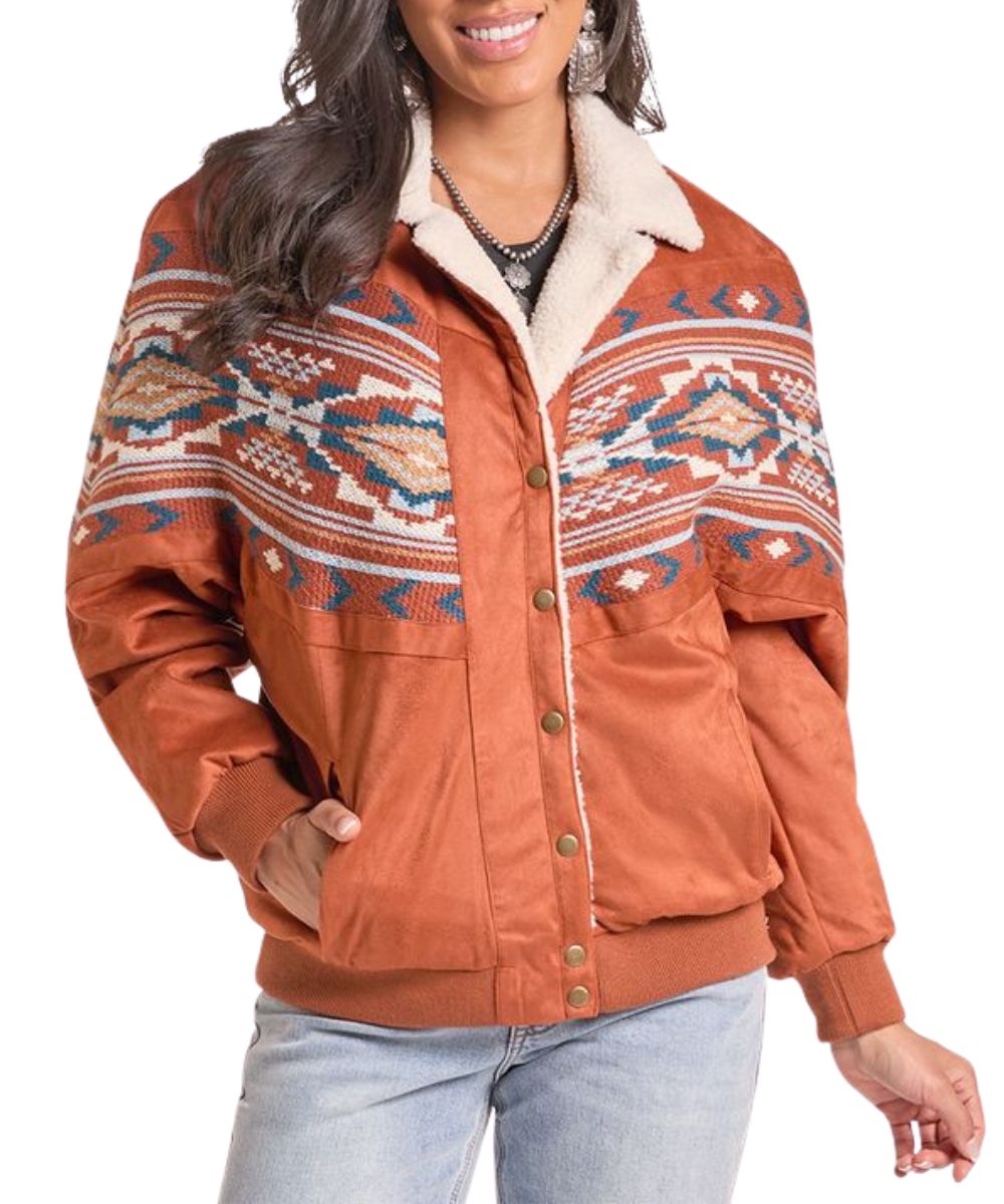 Front view of the women's rust Rock & Roll Cowgirl Aztec Border Print Bomber Jacket featuring the snap front closure and hand pockets