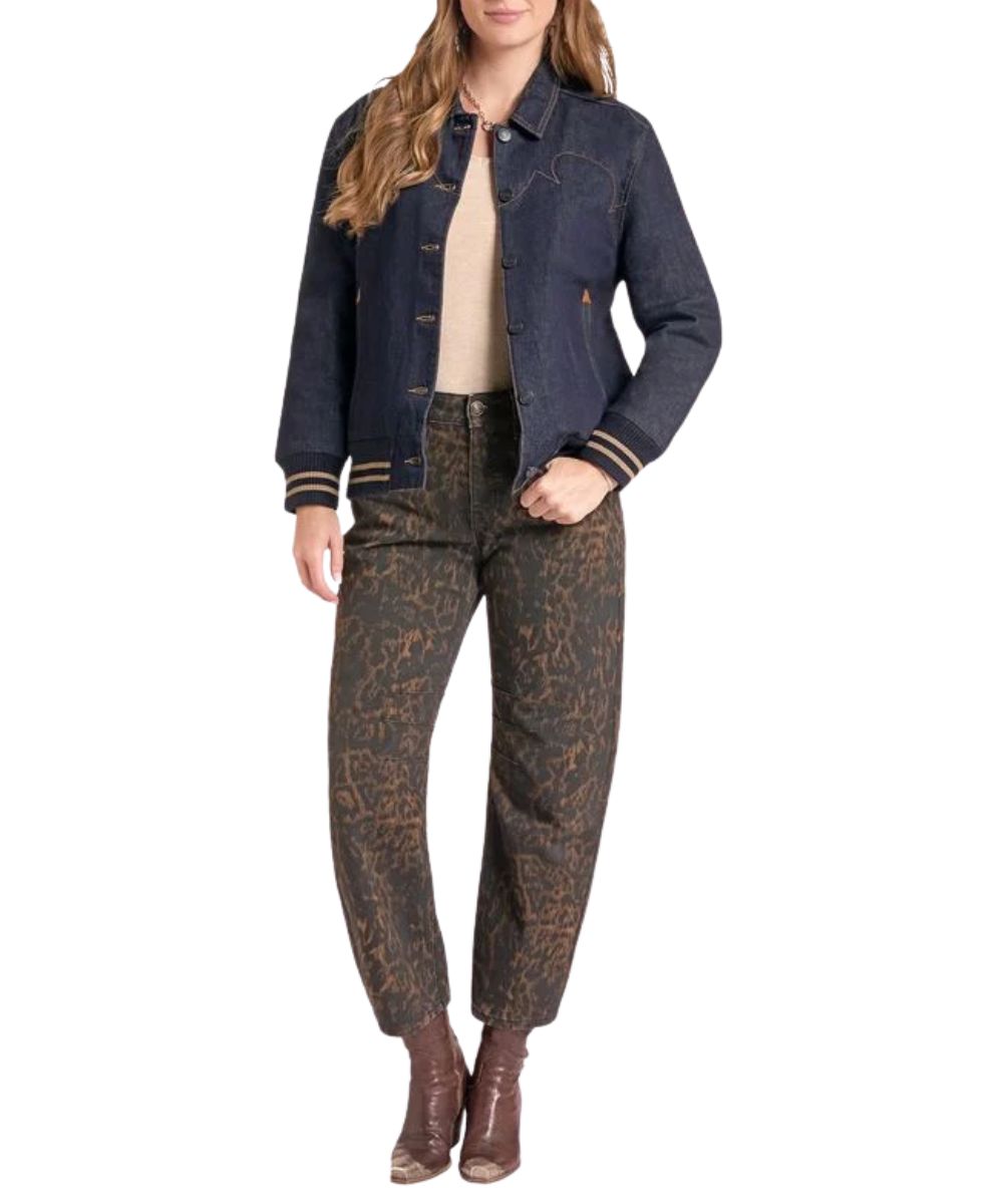 Front view of the women's Rock & Roll Cowgirl Dark Wash Denim Bomber Jacket featuring the button front closure