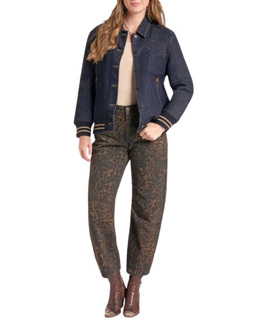 Front view of the women's Rock & Roll Cowgirl Dark Wash Denim Bomber Jacket featuring the button front closure