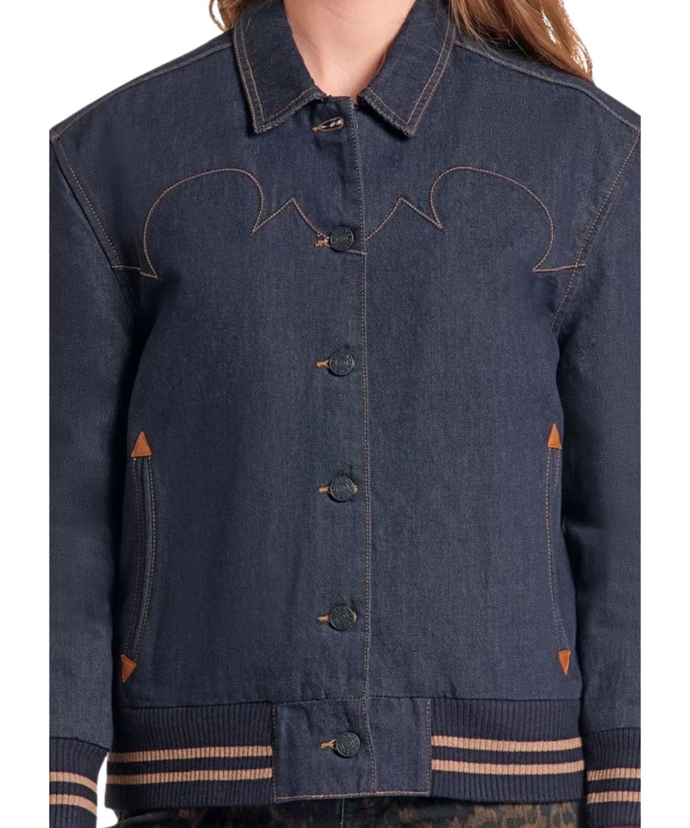 Close-up view of the women's dark wash denim bomber jacket featuring the button closure, smile hand pockets, spread collar, and ribbed elastic cuffs and hem