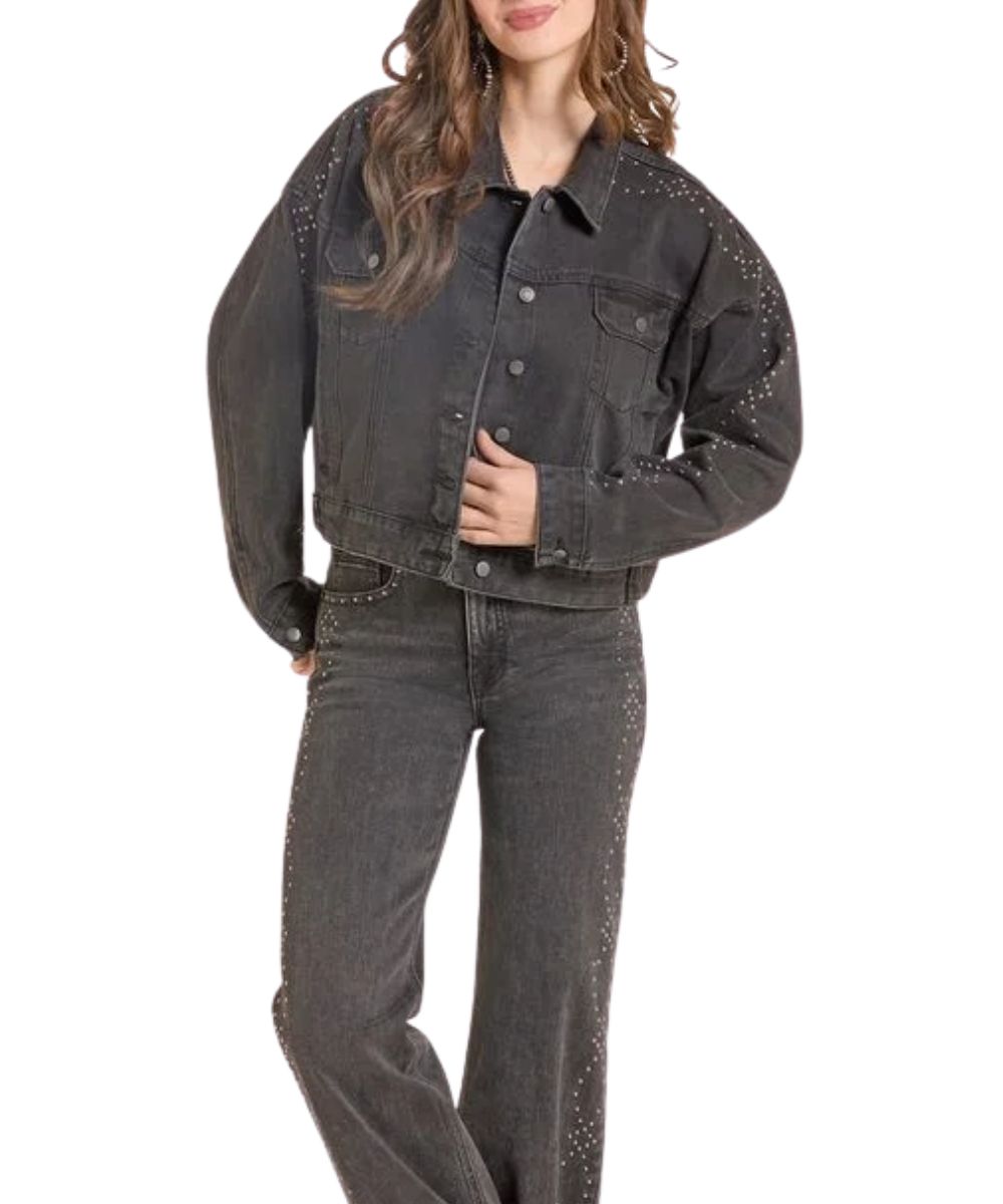 Front view of the women's black Rock & Roll Cowgirl Denim Jacket featuring the button front closure, button cuffs, button flap chest pockets, welt hand pockets, spread collar, and studded accents along the shoulders, and sleeves