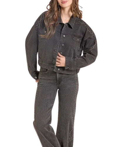 Front view of the women's black Rock & Roll Cowgirl Denim Jacket featuring the button front closure, button cuffs, button flap chest pockets, welt hand pockets, spread collar, and studded accents along the shoulders, and sleeves
