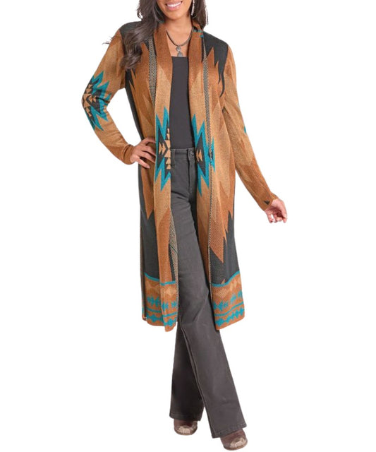 Front view of the women's rust Rock & Roll Cowgirl long sleeve aztec print knitted duster featuring the midi (below the knee) length, open front, shawl collar, and rust brown color 