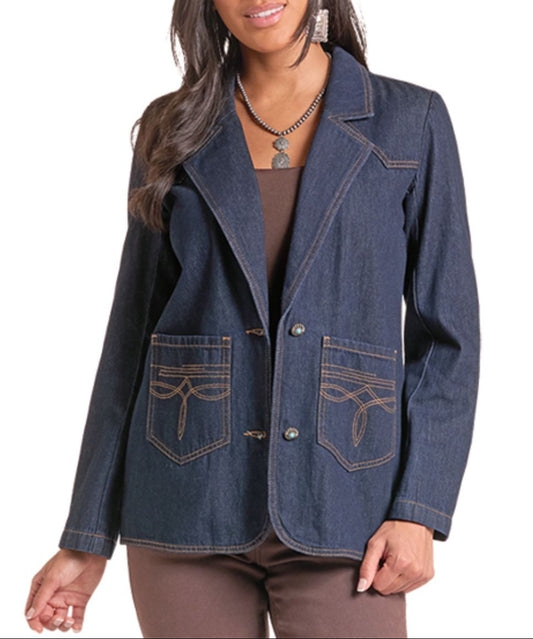 Front view of the women's Rock & Roll Cowgirl dark wash denim blazer with contrast tan stitching, featuring two front patch pockets with decorative stitching, and a button front closure