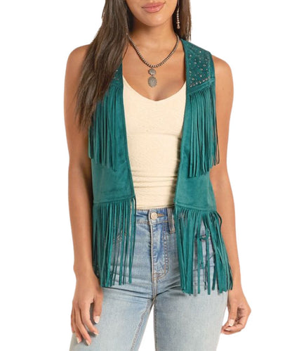 Women's Microsuede Vest With Tiered Fringe And Studded Accents In Evergreen