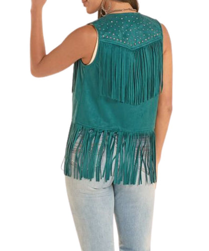 Back View Of The Women's Suede Fringe Vest Featuring The Single Point Back Yoke In Evergreen