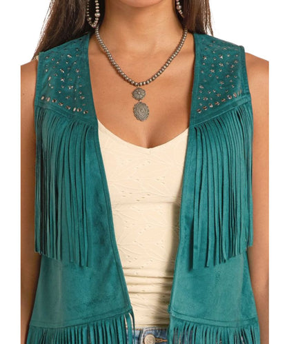 Close-Up View Featuring The Round And Star-Studded Accents On The Yokes On The Women's Evergreen Suede Vest