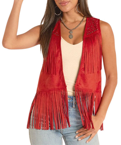 Women's Microsuede Vest With Tiered Fringe And Studded Accents In Red