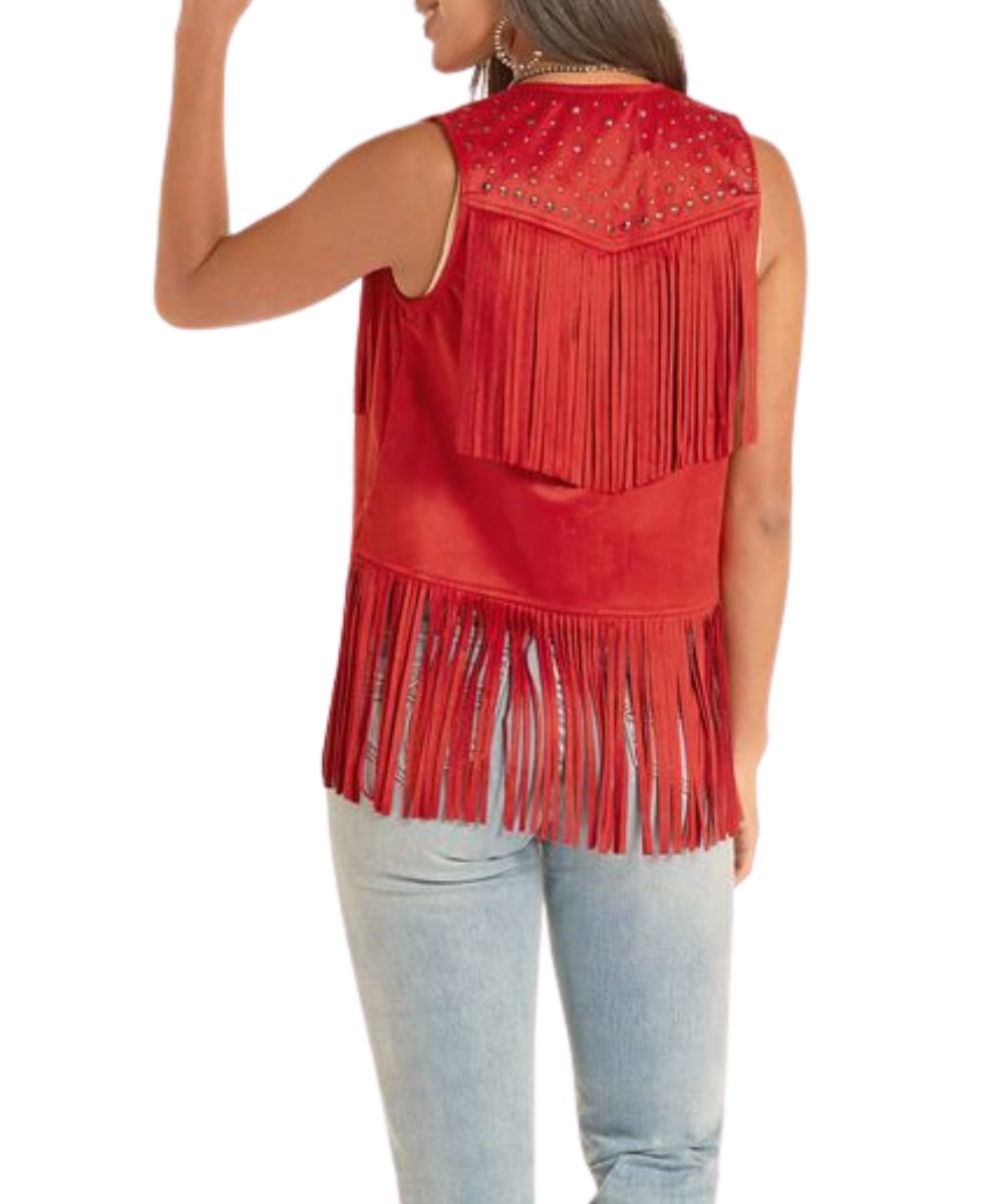 Back View Of The Women's Suede Fringe Vest Featuring The Single Point Back Yoke In Red