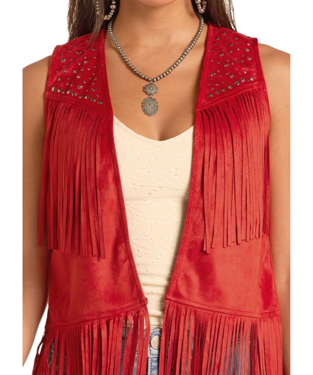 Close-Up View Featuring The Round And Star-Studded Accents On The Yokes On The Women's Red Suede Vest