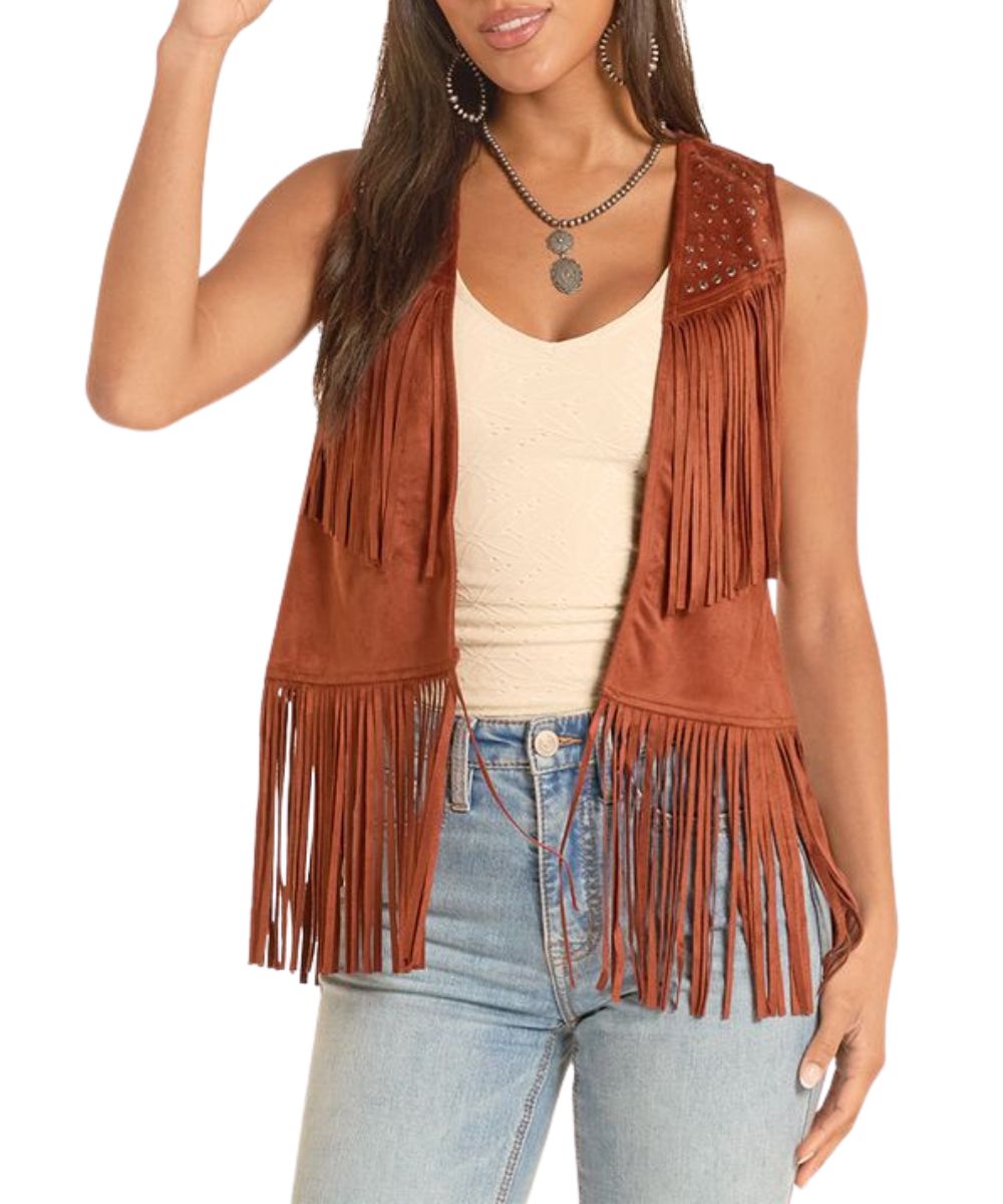 Women's Microsuede Vest With Tiered Fringe And Studded Accents In Rust