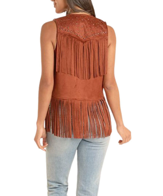 Back View Of The Women's Suede Fringe Vest Featuring The Single Point Back Yoke In Rust