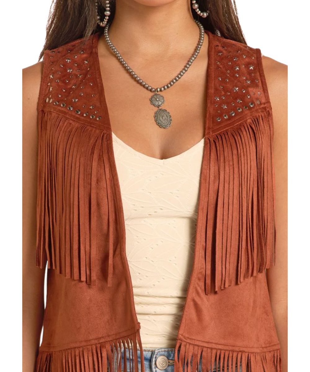Close-Up View Featuring The Round And Star-Studded Accents On The Yokes On The Women's Rust Suede Vest