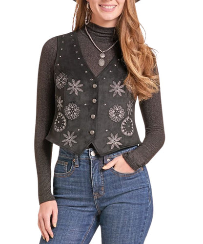 Front view of the women's black microsuede vest featuring the floral embroidered pattern and silver studded accents