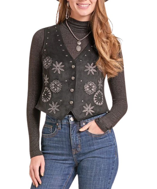 Front view of the women's black microsuede vest featuring the floral embroidered pattern and silver studded accents