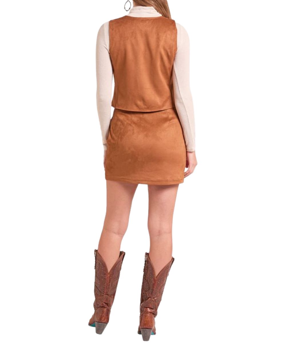 Back view of the women's brass microsuede vest featuring the plain suede