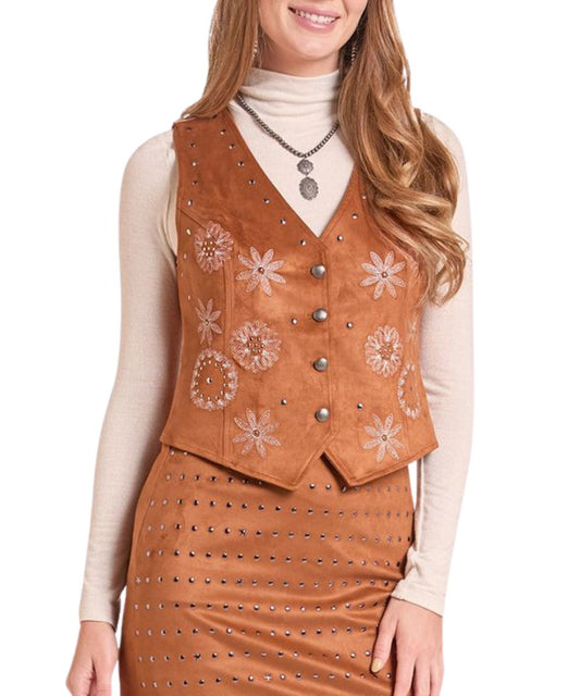 Front view of the women's brass microsuede vest featuring the floral embroidered pattern and silver studded accents