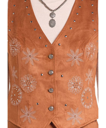 Close-up view of the floral embroidered design and silver studs on the front of the women's brass vest