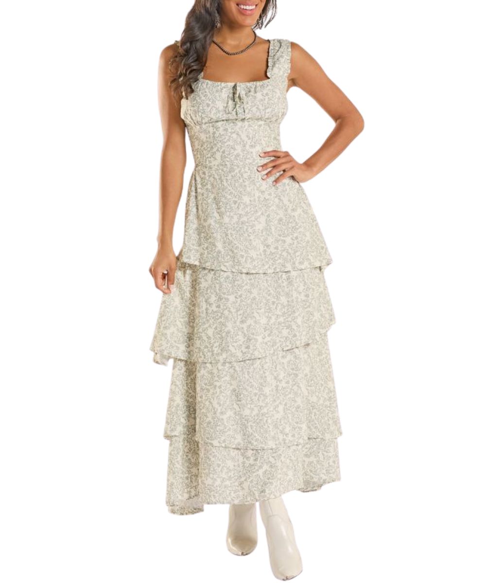 Front view of the women's jade floral mini dress featuring a tiered ruffle skirt