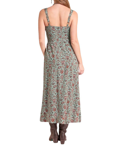 Back view of the women's hunter green corset midi dress featuring the zipper-back closure, adjustable tank shoulder straps, and floral print