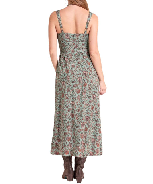 Back view of the women's hunter green corset midi dress featuring the zipper-back closure, adjustable tank shoulder straps, and floral print