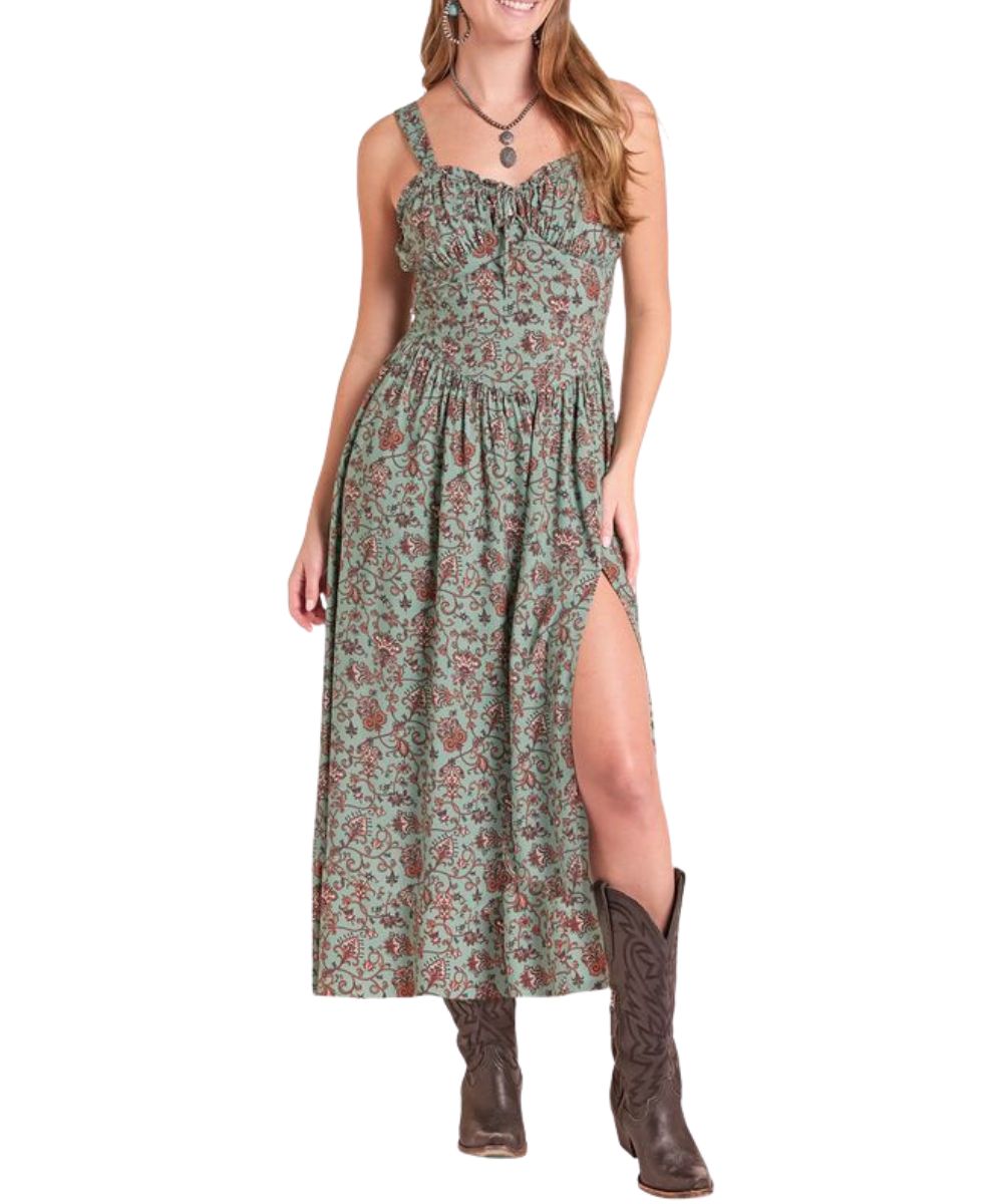 Front view of the women's Rock & Roll Cowgirl Corset Midi Dress in hunter green featuring the floral print and thigh-high slit hem