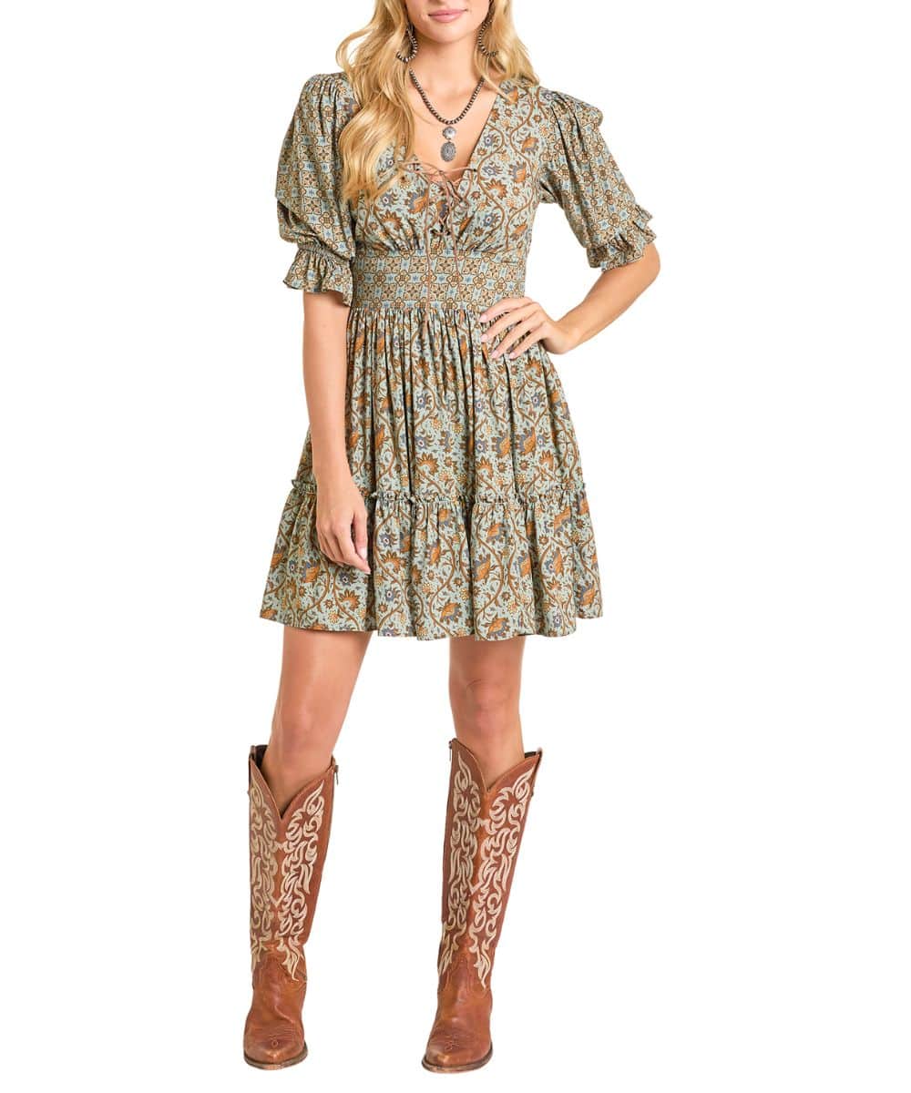 Women's Rock & Roll Denim Mixed Print Dress Large Jade