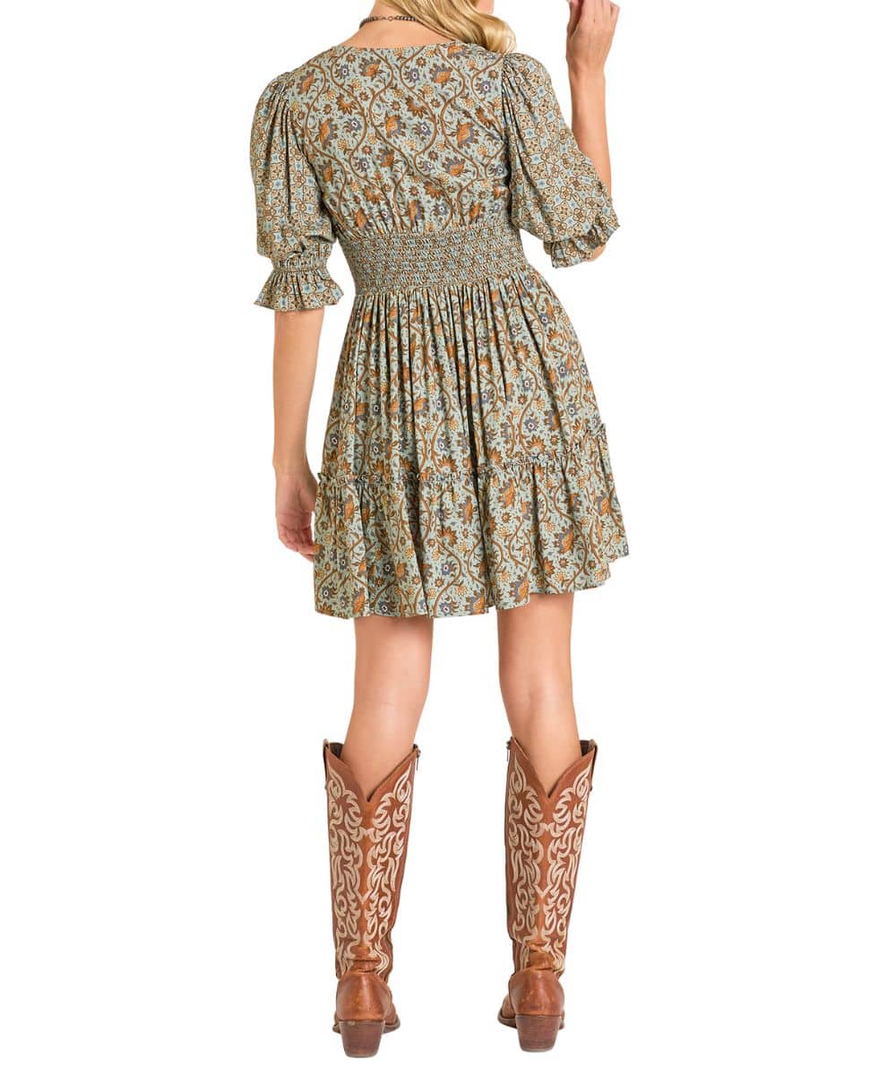 Women's Rock & Roll Denim Mixed Print Dress Large Jade