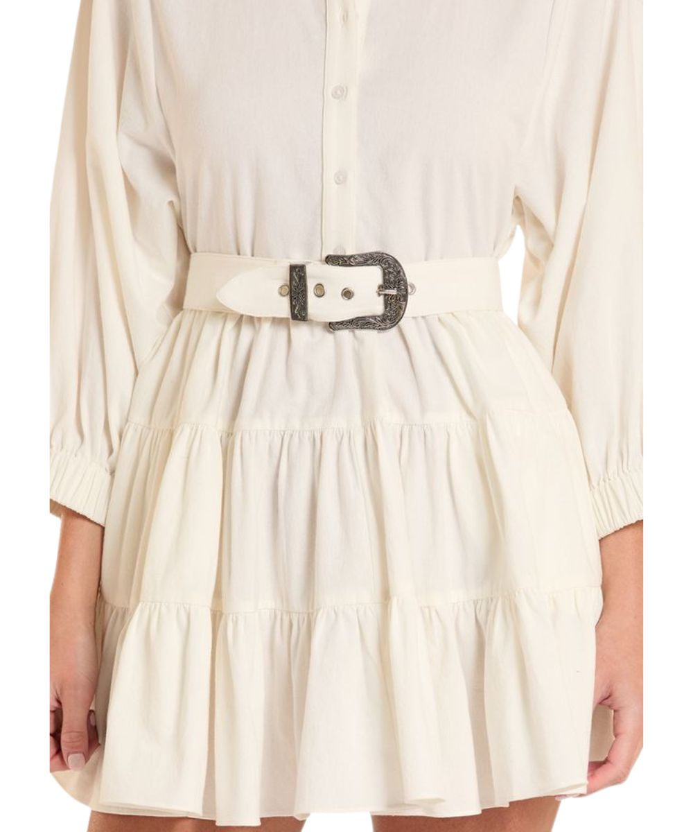 Close-up view of the women's mini dress featuring the matching adjustable belt