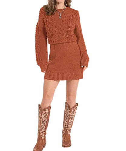 Front view of the women's rust Rock & Roll Cowgirl sweater knit mini dress featuring the long sleeves, crew neck, cable knit accents, rib knit trim, elastic waist, and above the knee length