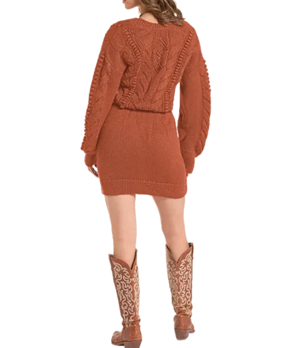 Back view of the women's sweater knit rust brown long sleeve mini dress