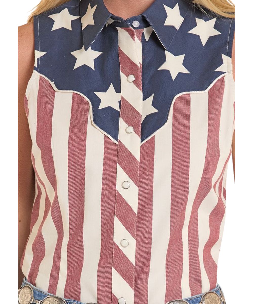 Women's Americano Sleeveless Snap Shirt Featuring Blue Yokes With White Star Print And A Red And White Striped Body 