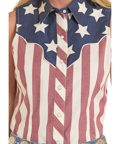 Women's Americano Sleeveless Snap Shirt Featuring Blue Yokes With White Star Print And A Red And White Striped Body 