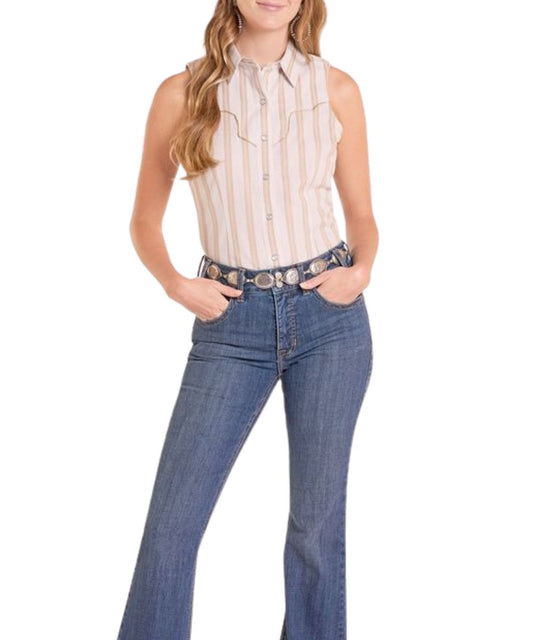 Women's Sleeveless Snap Shirt With Piped Trim Western Yokes And Tan Vertical Stripes