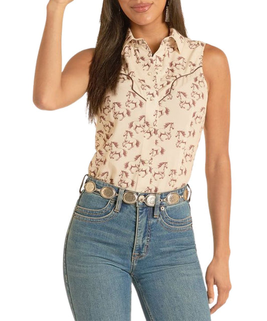 Front view of the women's natural sleeveless snap shirt featuring a geometric horse print