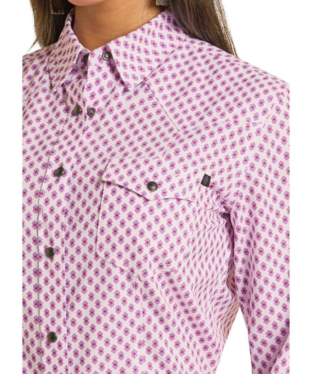 Mini Geometric Print On The White Long Sleeve Snap Shirt