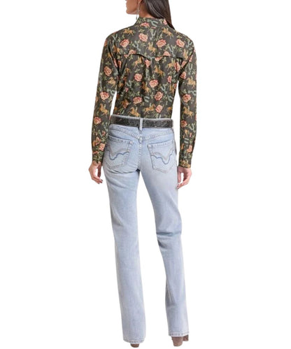 Back view of the women's black floral long sleeve snap shirt featuring the vented back yoke