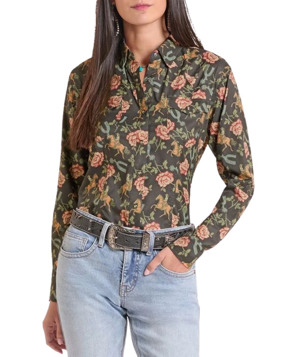 Front view of the women's Rock & Roll Cowgirl Black TekWestern Floral Snap Shirt featuring the moisture wicking and uv protection riptstop fabric