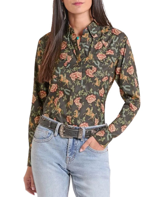 Front view of the women's Rock & Roll Cowgirl Black TekWestern Floral Snap Shirt featuring the moisture wicking and uv protection riptstop fabric
