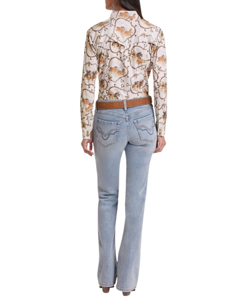 Back view of the women's cream long sleeve tekwestern snap shirt featuring the vented back yoke