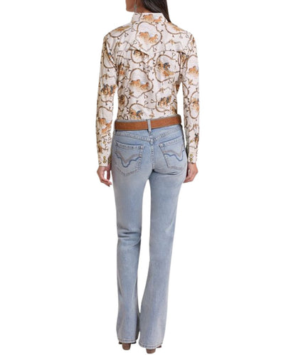 Back view of the women's cream long sleeve tekwestern snap shirt featuring the vented back yoke